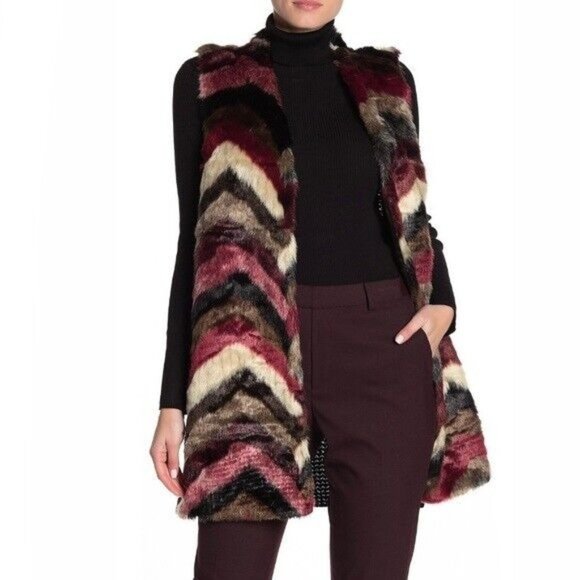Joseph A Faux Fur Longline Vest Size XS Large Wine Chevron J2F129057D19NR Open - Picture 1 of 7